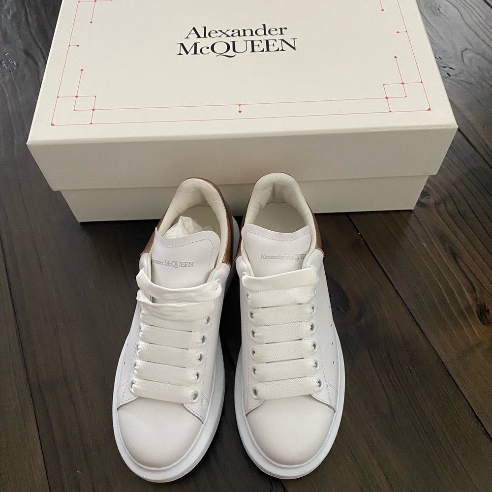 Alexander McQueen White & Rose Gold Metallic Leather Sneakers
